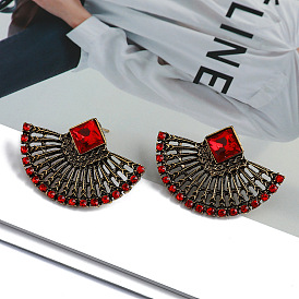 Retro Fan-shaped Colorful Crystal Earrings for Fashionable and Bold Style