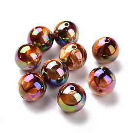 UV Plating Rainbow Iridescent Acrylic Beads, with Gold Foil, Round
