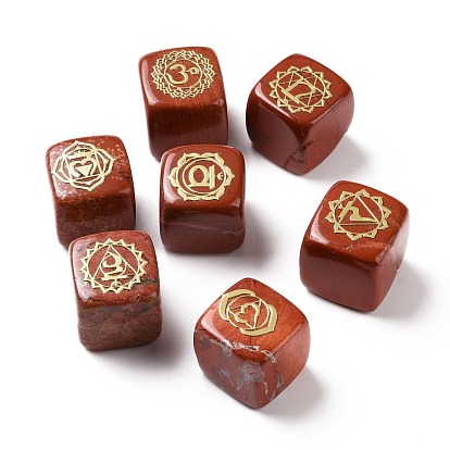 7Pcs 7 Styles Natural Brecciated Jasper Beads, with Long-Lasting Plated Golden Tone Brass Chakra Pattern Slices, Lead Free & Cadmium Free, No Hole, Cube