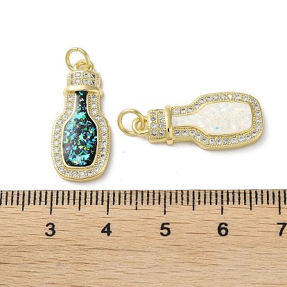 Brass Micro Pave Clear Cubic Zirconia Pendants, with Synthetic Opal and Jump Ring, Real 18K Gold Plated, Bottle