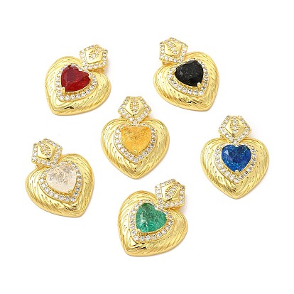 Rack Plating Brass & Rhinestone Pendants, with Crushed Ice Cut Cubic Zirconia, Heart Charm, Real 14K Gold Plated, Cadmium Free & Lead Free