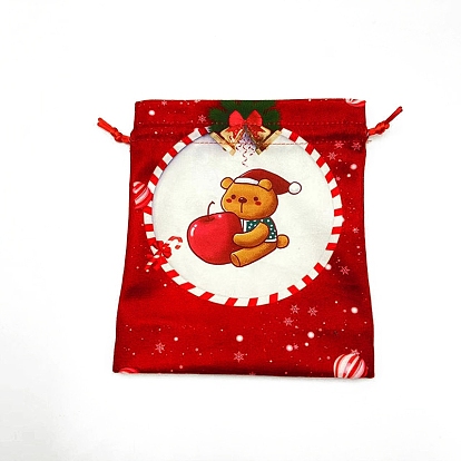 Christmas Printed Cloth Drawstring Bags, Rectangle Gift Storage Pouches, Christmas Party Supplies