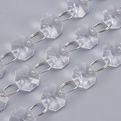 Acrylic Beaded Chains, Unwelded, with Platinum plated Iron Findings, Faceted Octagon