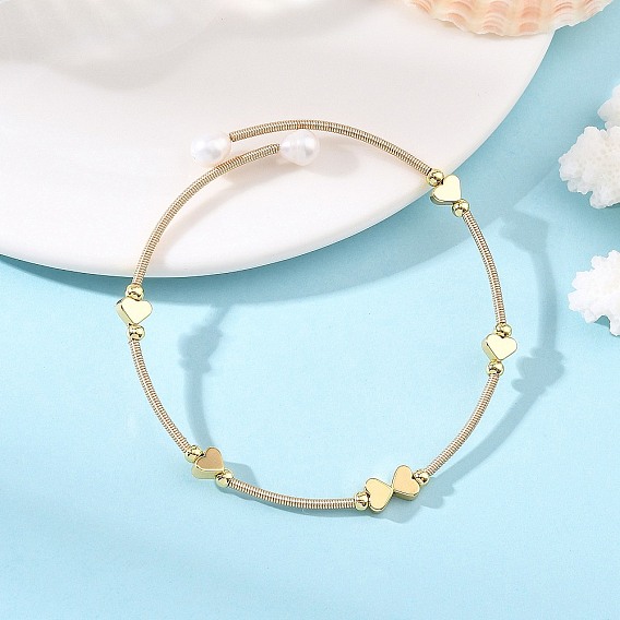Natural Freshwater Pearl & Brass Heart Open Cuff Bangles for Women, White