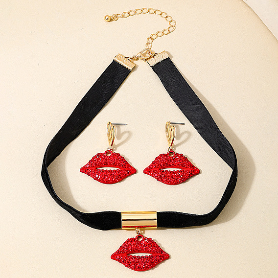 Комплекты серег и ожерелий из сплава губ со стразами, ткань чокеровщика ожерелья