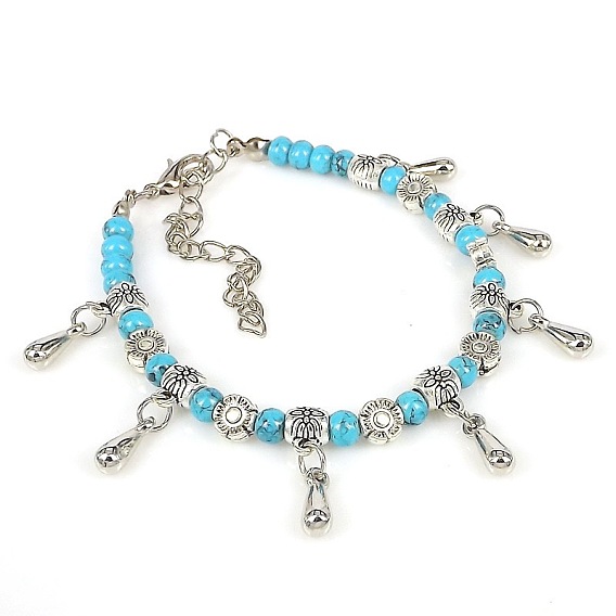Bohemian Teardrop Alloy Charm Bracelets, Flower & Bee Alloy Tibetan & Synthetic Turquoise Beaded Bracelets for Women