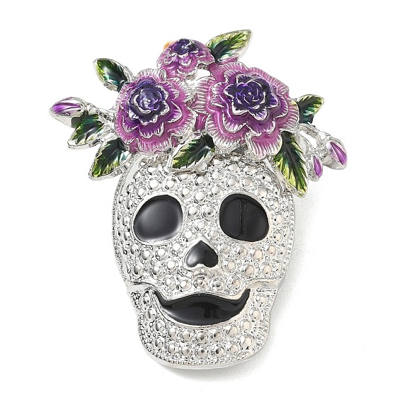Day of the Dead Sugar Skull with Flower Halloween Enamel Pins, Alloy Lapel Pins Brooches for Backpack Clothes for Clothes