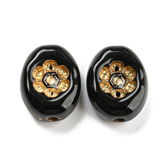 Plating Acrylic Beads, Golden Metal Enlaced, Oval with Flower