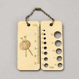 Rectangle Wood Crochet Hook Ruler & Thickness Gauge, Knitting Tools, with Plastic Ball Chain