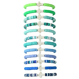 12Pcs 12 Colors Polymer Clay Disc Beaded Stretch Bracelet Sets, Cross Synthetic Turquoise Stackable Bracelets for Women