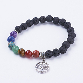 Natural Lava Rock Stretch Bracelets, with Mixed Stone and Brass Pendants, Flat Round with Tree of Life