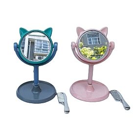 Espejos de maquillaje de aleación de cabeza de gato lindo en miniatura, con peine, para decoración de mesa de casa de muñecas