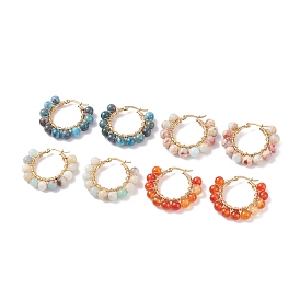 4Pairls 4 Colors Gemstone Beaded Big Hoop Earrings, Wire Wrap Earrings for Women, Golden