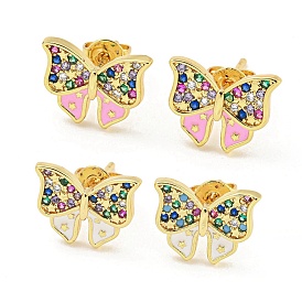 Bowknot Real 18K Gold Plated Brass Stud Earrings, with Enamel and Cubic Zirconia