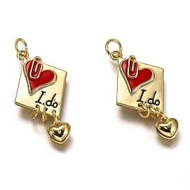 Brass Enamel Pendants, Long-Lasting Plated, Real 18K Gold Plated, Rhombus with Heart & Word I DO