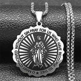 304 Stainless Steel Flat Round Virgin Mary Pendant Box Chain Necklaces