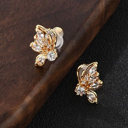 Серьги-гвоздики с бабочками из латуни с микропаве из прозрачных кубических цирконий, с силиконовыми берушами, долговечный, слева и справа