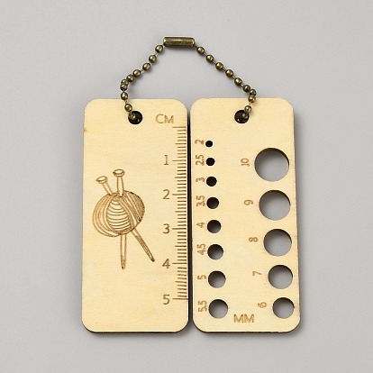 Rectangle Wood Crochet Hook Ruler & Thickness Gauge, Knitting Tools, with Plastic Ball Chain