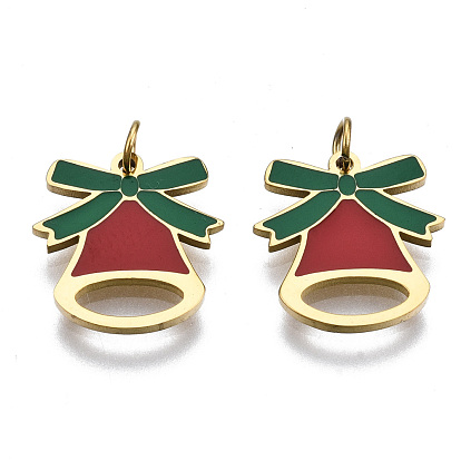 316 Surgical Stainless Steel Enamel Charms, with Jump Rings, for Christmas, Small Bell, Green and Red