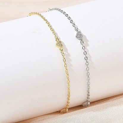 Brass Micro Pave Clear Cubic Zirconia Heart Link Chain Bracelets, Long-Lasting Plated, Rack Plating, Lead Free & Cadmium Free