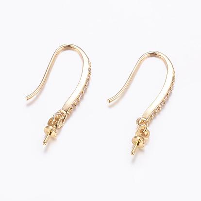 Brass Micro Pave Cubic Zirconia Earring Hooks, For Half Drilled Beads, Long-Lasting Plated, Lead Free & Cadmium Free, Real 18K Gold Plated