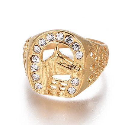 Ion Plating(IP) 304 Stainless Steel Finger Rings, with Rhinestone, Horseshoe with Horse