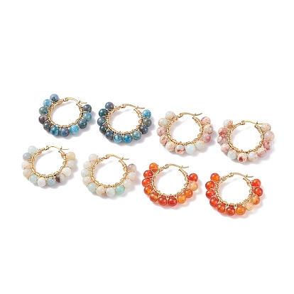 4Pairls 4 Colors Gemstone Beaded Big Hoop Earrings, Wire Wrap Earrings for Women, Golden