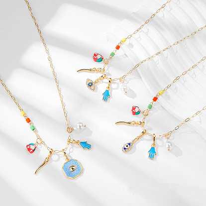 Ожерелья с подвесками из пластикового жемчуга и эмали в виде руки хамсы, сглаза и перца для женщин, золотые