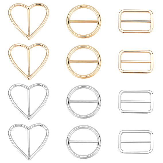 12шт 6 стиль пряжки из сплава застежки, для лямки, обвязочные мешки, аксессуары для одежды, сердце/прямоугольник/плоский круглый