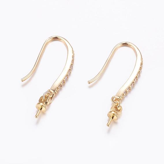 Brass Micro Pave Cubic Zirconia Earring Hooks, For Half Drilled Beads, Long-Lasting Plated, Lead Free & Cadmium Free, Real 18K Gold Plated
