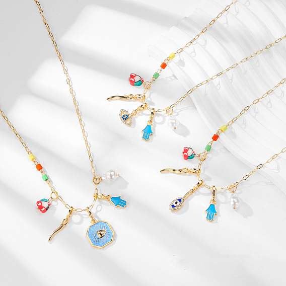 Ожерелья с подвесками из пластикового жемчуга и эмали в виде руки хамсы, сглаза и перца для женщин, золотые