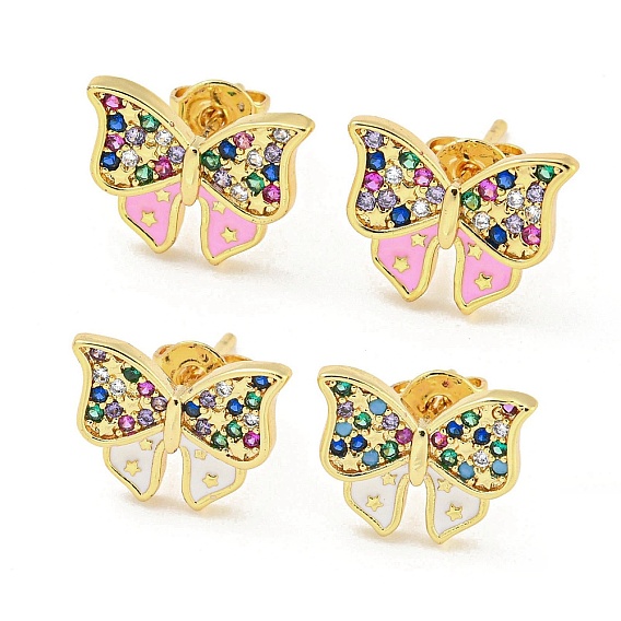 Bowknot Golden Brass Stud Earrings, with Enamel and Cubic Zirconia