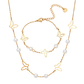 Комплект украшений из нержавеющей стали в виде бабочек, колье и браслет-подвеска с пластиковыми жемчужными бусинами