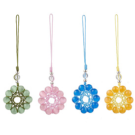 4Pcs Cat Eye Flower Pendant Decorations, with Nylon Cord