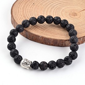 Buddha Head Natural Lava Rock Beaded Stretch Bracelets, with Tibetan Style Alloy Beads, 55mm