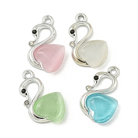 UV Plating Alloy Rhinestone Pendants, with Glass Imitation Cat Eye, Cadmium Free & Lead Free, Platinum, Swan