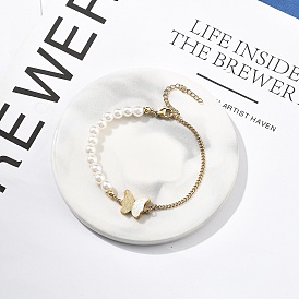 304 браслеты из нержавеющей стали с панцирными цепями для женщин, с подвесками в виде бабочек и пластиковой жемчужиной, ионное покрытие (ip) покрытый