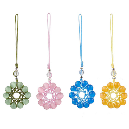 4Pcs Cat Eye Flower Pendant Decorations, with Nylon Cord