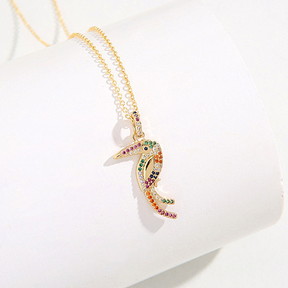 Colorful Bird Pendant Necklace with Copper Plating and Zircon Stones