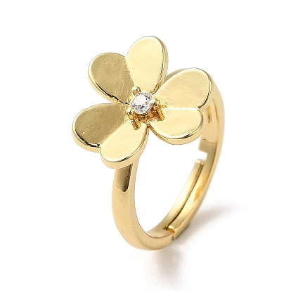 Rack Plating Brass Micro Pave Clear Cubic Zirconia Adjustable Rings for Women, Flower