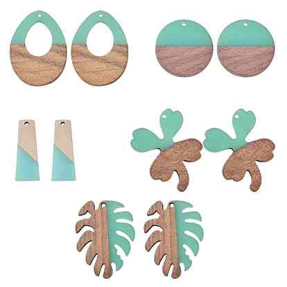Resin & Wood Pendants, Tropical Leaf Charms, Flat Round & Teardrop & Monstera Leaf & Trapezoid & Clover