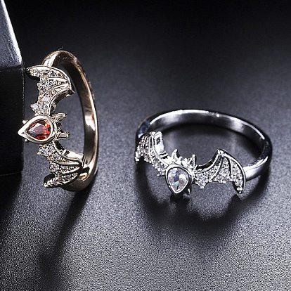 Halloween Brass Finger Ring, Cubic Zirconia Bat Ring