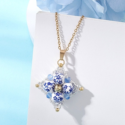 Кулон в виде звезды из фарфора с цветочным принтом, выполненный вручную, 304 цепочка из нержавеющей стали, синий и белый