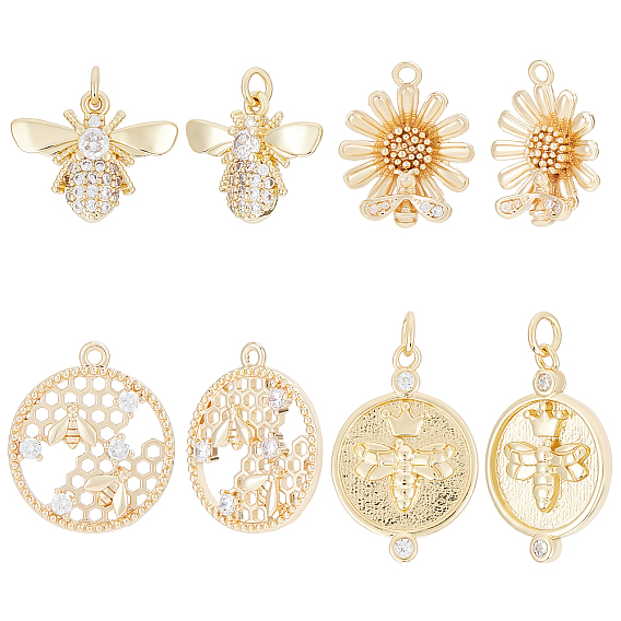 8 шт 4 стиль стойка покрытие латунь микро паве кубический цирконий подвески, с прыжковых колец, долговечный, без кадмия и без свинца, пчелы и цветок с пчелой