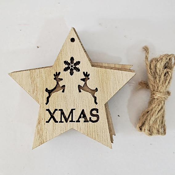 Unfinished Wood Pendant Decorations, Kids Painting Supplies,, Wall Decorations, with Jute Rope, Star with Christmas Reindeer/Stag & Word XMAS