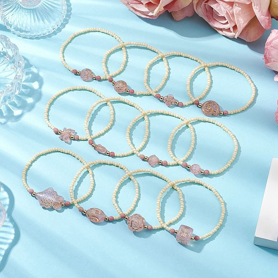 Стеклянные бусины эластичные браслеты для женщин, с подвеской из акрила, инкрустированной золотым металлом, и бусинами из натурального родонита, разнообразные