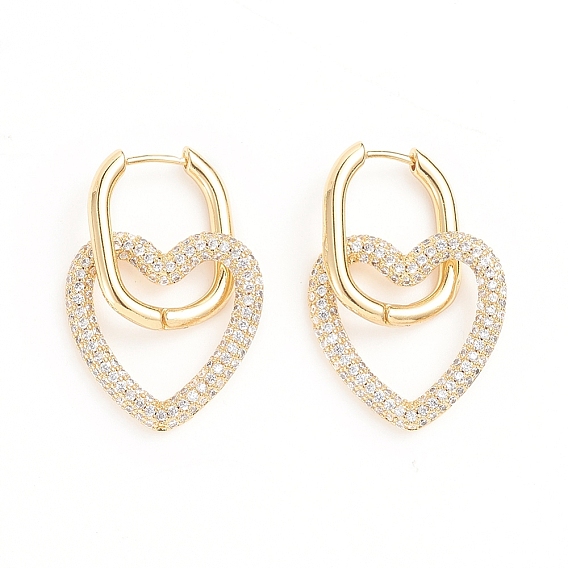 Серьги-кольца из латуни с микро-паве из фианита, долговечный, сердце