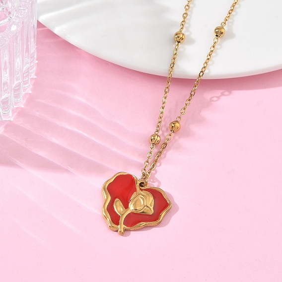 День святого Валентина 304 Подвеска в виде розы из нержавеющей стали с эмалью и красным сердцем, цепочка-спутник для женщин