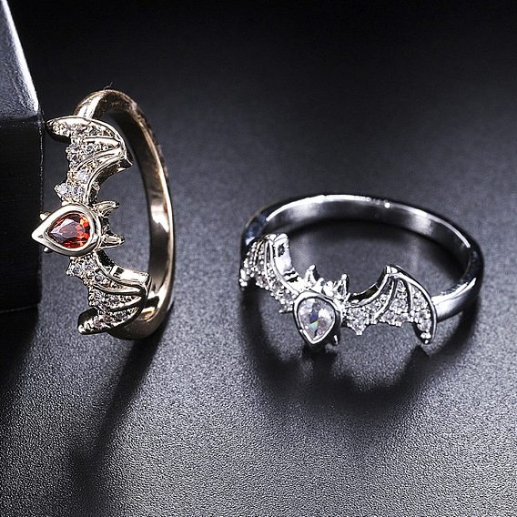 Halloween Brass Finger Ring, Cubic Zirconia Bat Ring