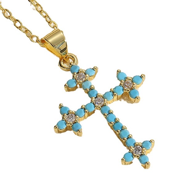 Real 14K Gold Plated Brass Cubic Zircon Pendant Necklace for Women, Cross
